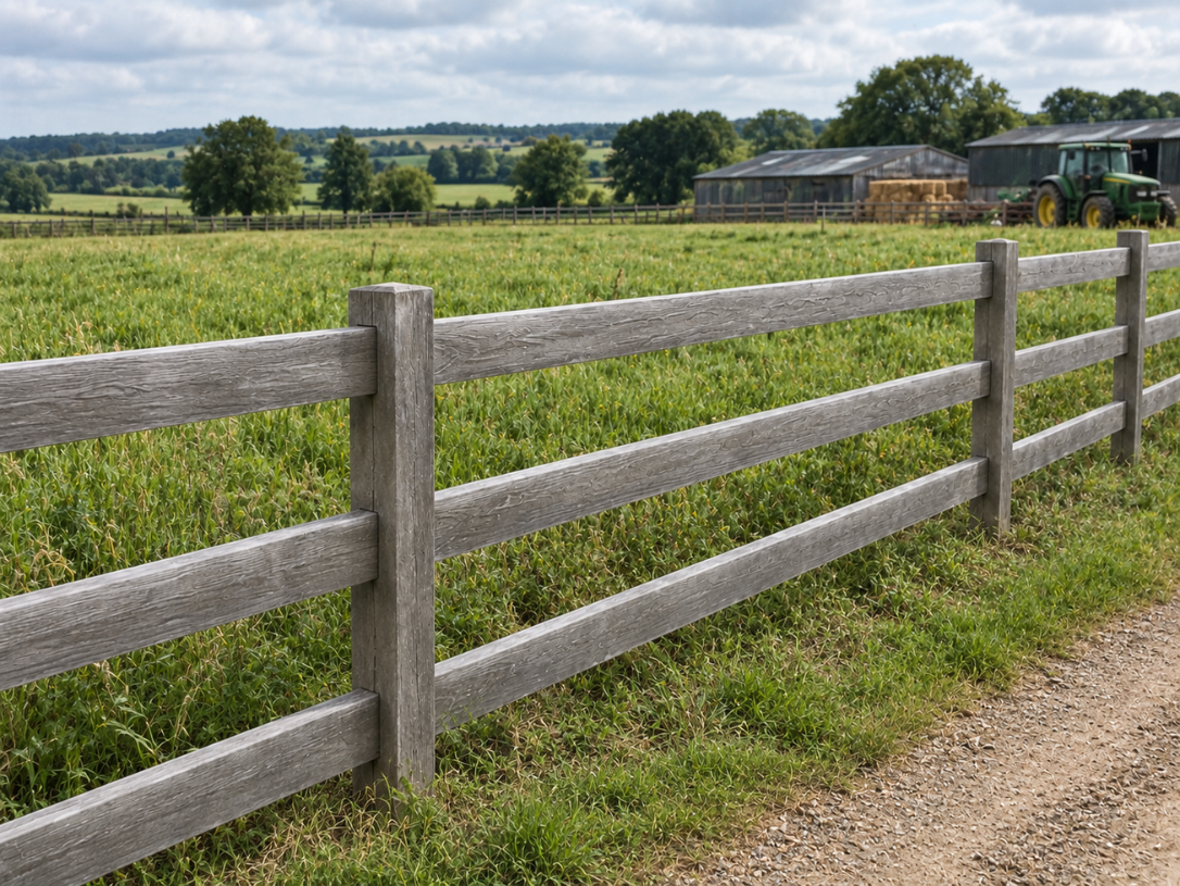 Concrete ranch and rail fencing in an agricultural setting