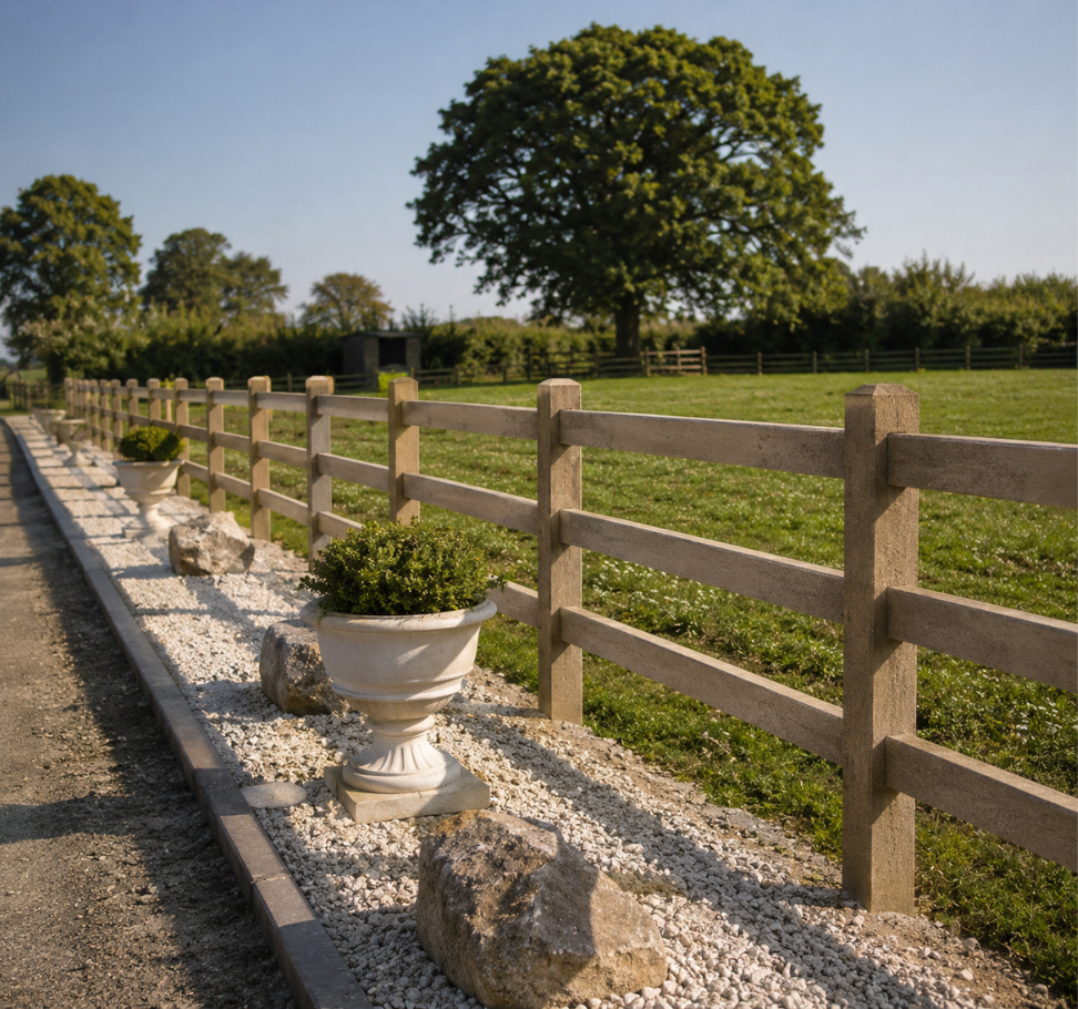 Timber-effect precast concrete ranch and rail fencing